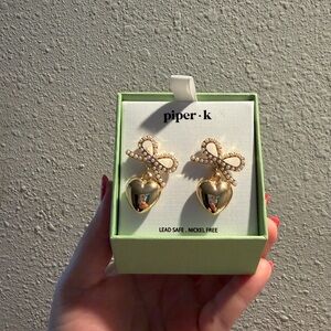 Piper K Gold Bow Heart Earrings Romantic Coquette Statement Jewelry